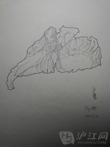 广东省的“广粤”跪坐地上，右手长袖飘飘~长发如瀑般垂在脸颊两边，似是优雅的(elegant)舞者。