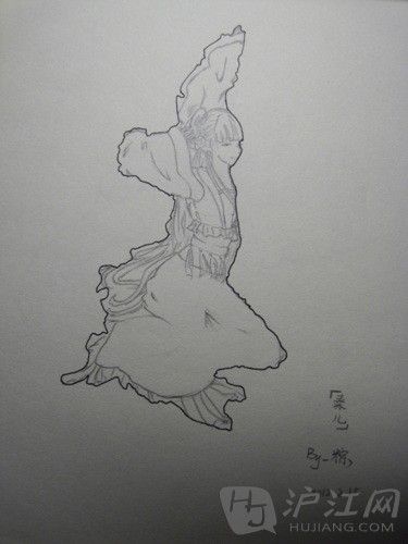 陕西省的“秦儿”半蹲着身子，一只胳膊高高举起，另一只放在头上的插花处，尽显妩媚(charming)。